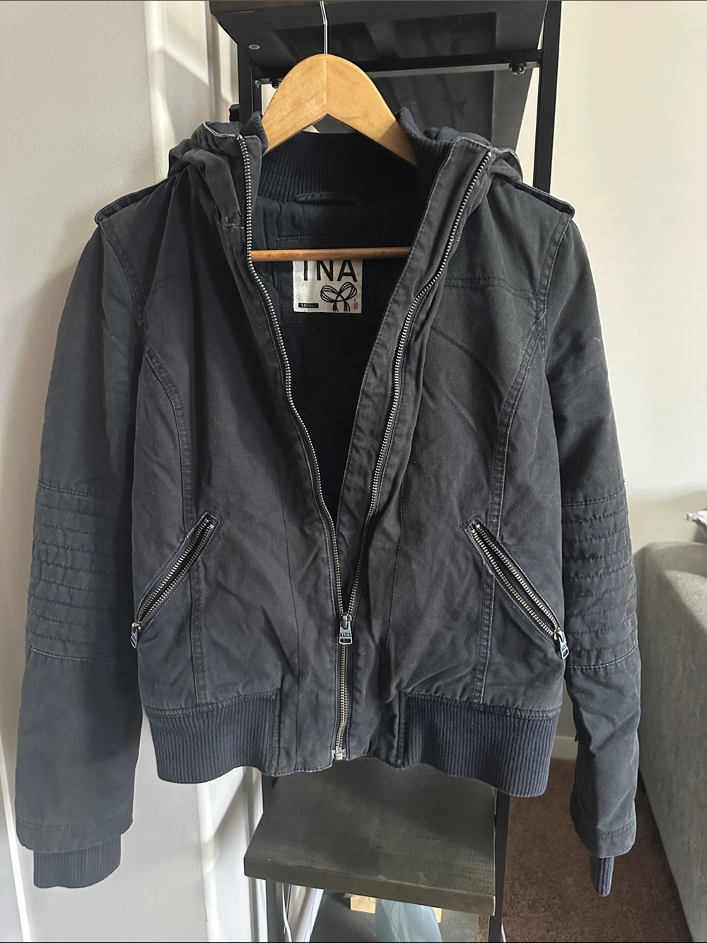 Ina Black Hooded Bomber Jacket with Zippered Pockets